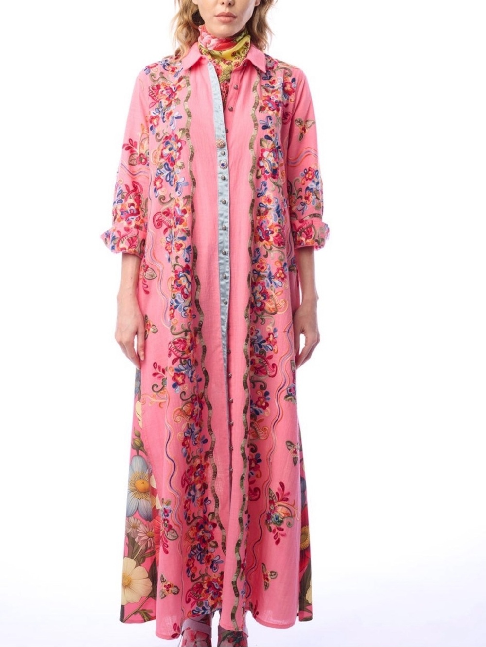 Aratta Pink Floral Embroidered Long Robe